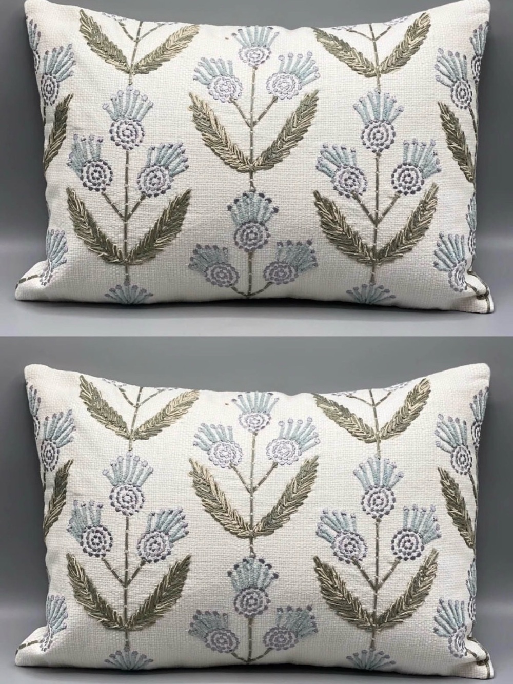 Two Elegant Designer Embroidered Floral Lumbar Pillows - Cream and Blue 20”x 14”